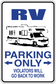 RV parking only sign sticker with RV graphic and blue PARKING ONLY arrows