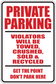 Private parking sign sticker with red and white text: violators towed, crushed, sold & recycled