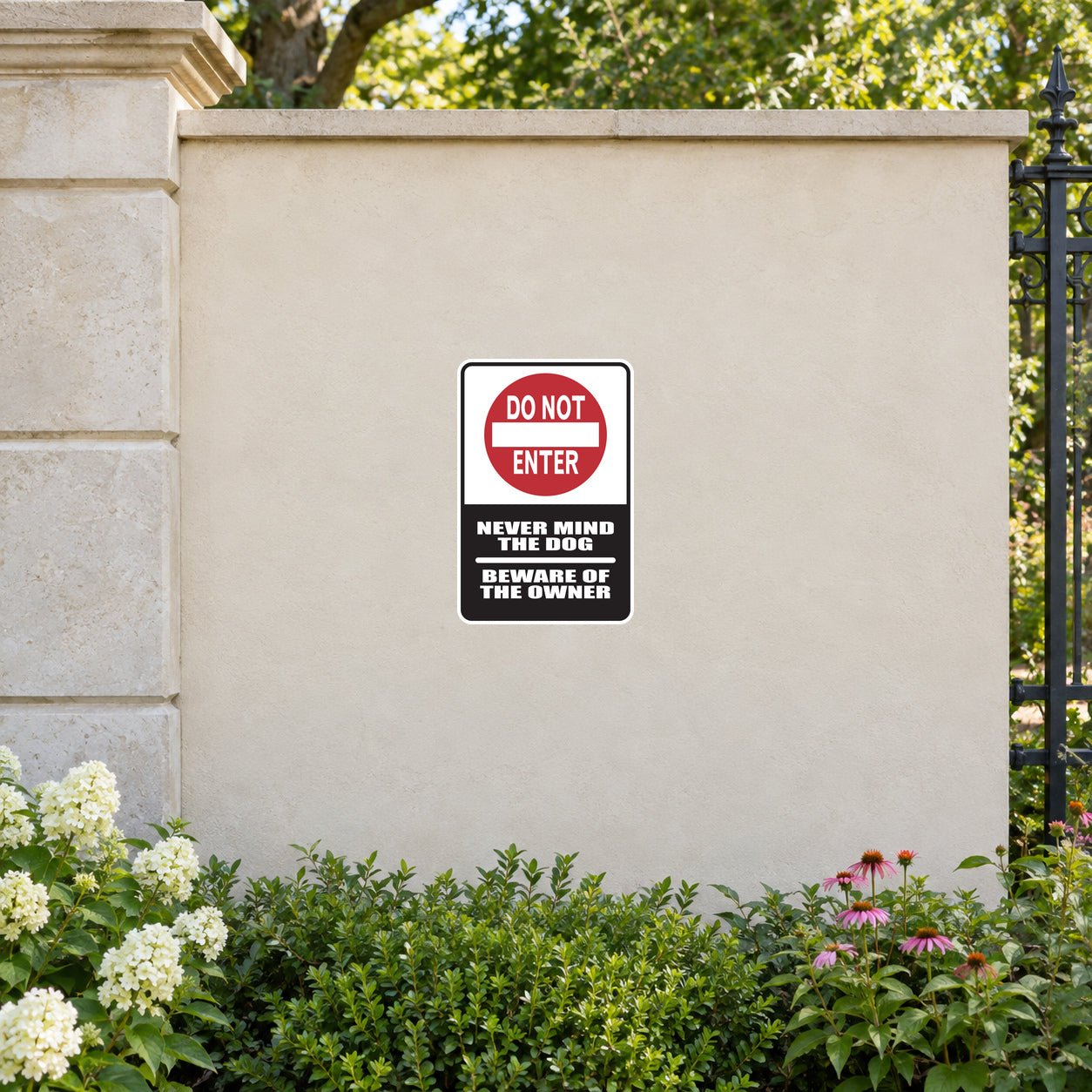 Do Not Enter warning sticker with “Never mind the dog” and “Beware of the owner”