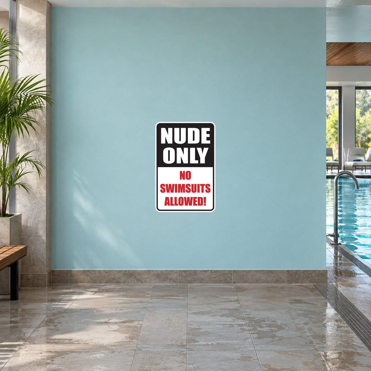 Rectangular sticker sign: NUDE ONLY; NO SWIMSUITS ALLOWED!