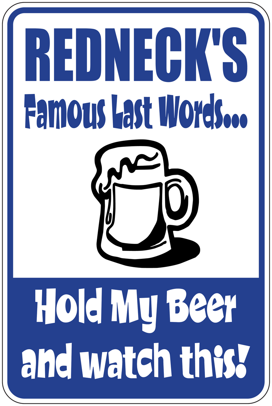 Rectangular blue sign sticker with beer mug and 'Famous Last Words' text.