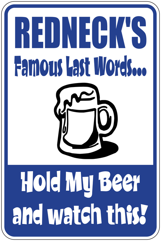 Rectangular blue sign sticker with beer mug and 'Famous Last Words' text.
