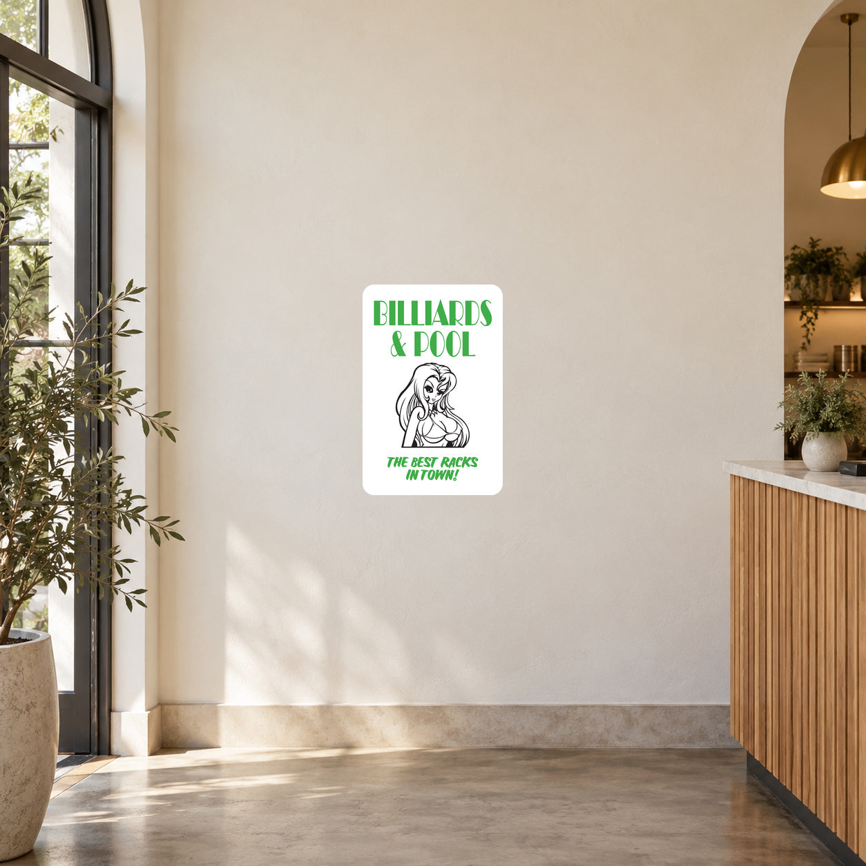 Billiards and pool sticker, white square with green text and pool player graphic