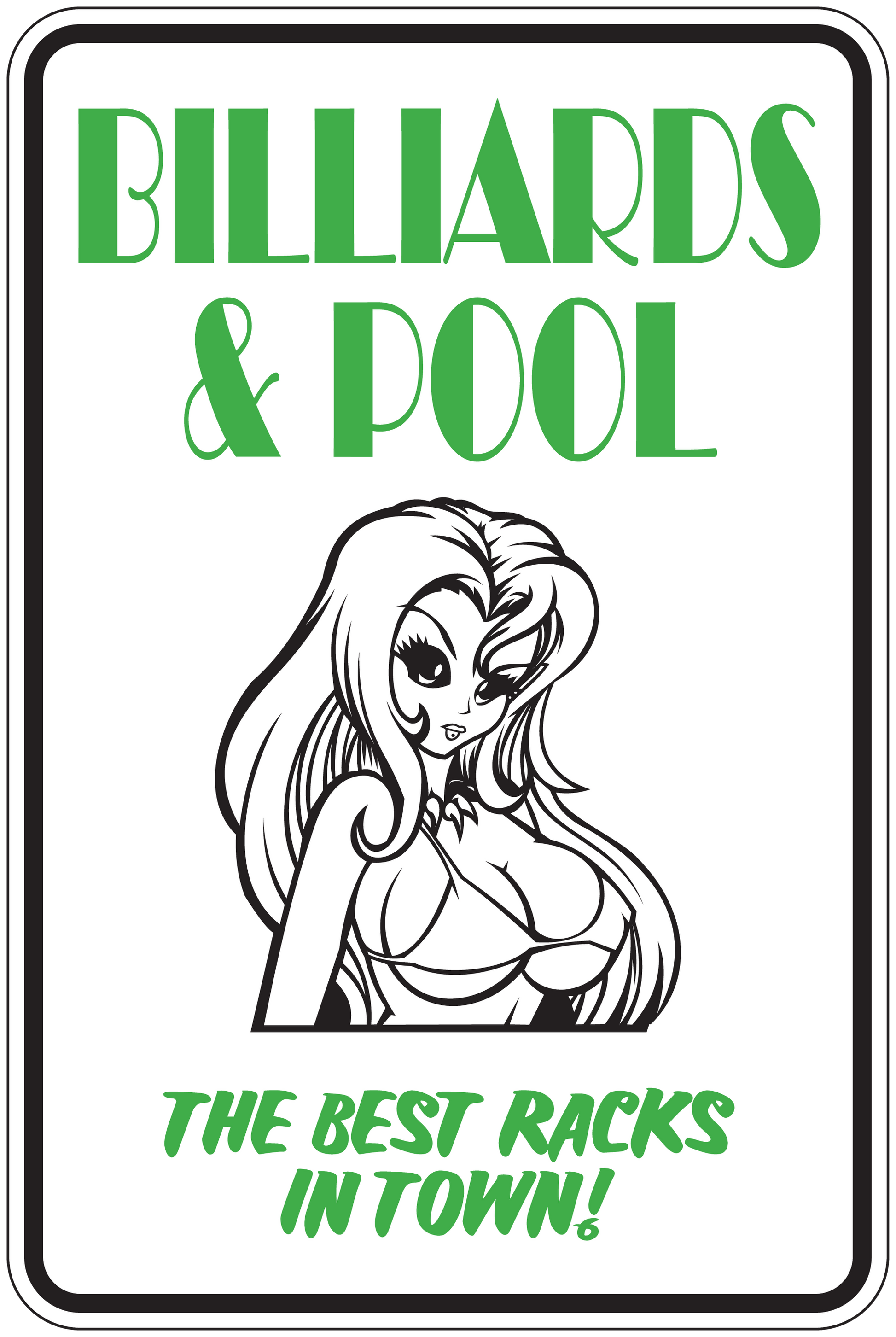 Rectangular billiards and pool sticker with green text and a girl holding a cue