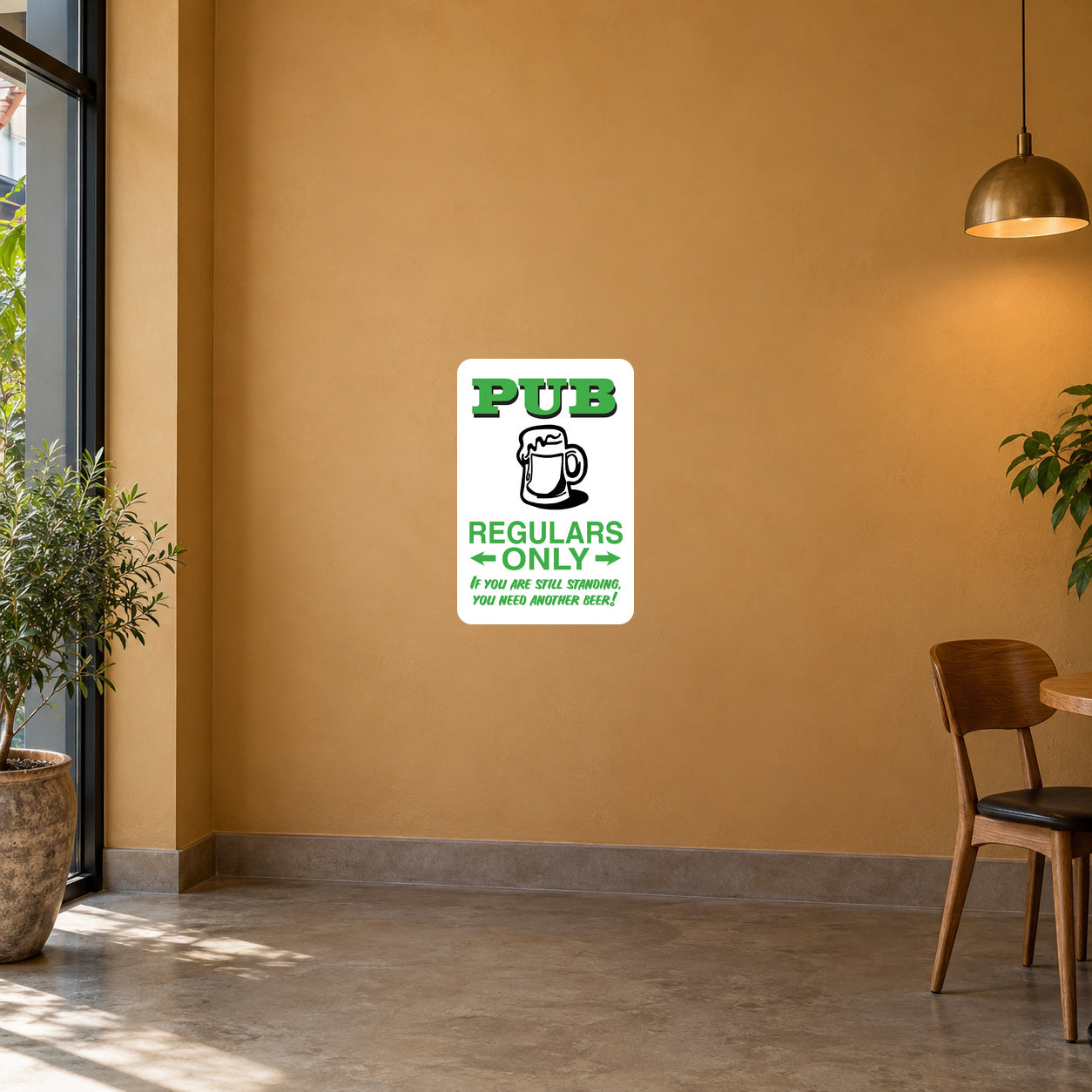 Square vinyl sticker with green and white text: "PUB REGULARS ONLY"