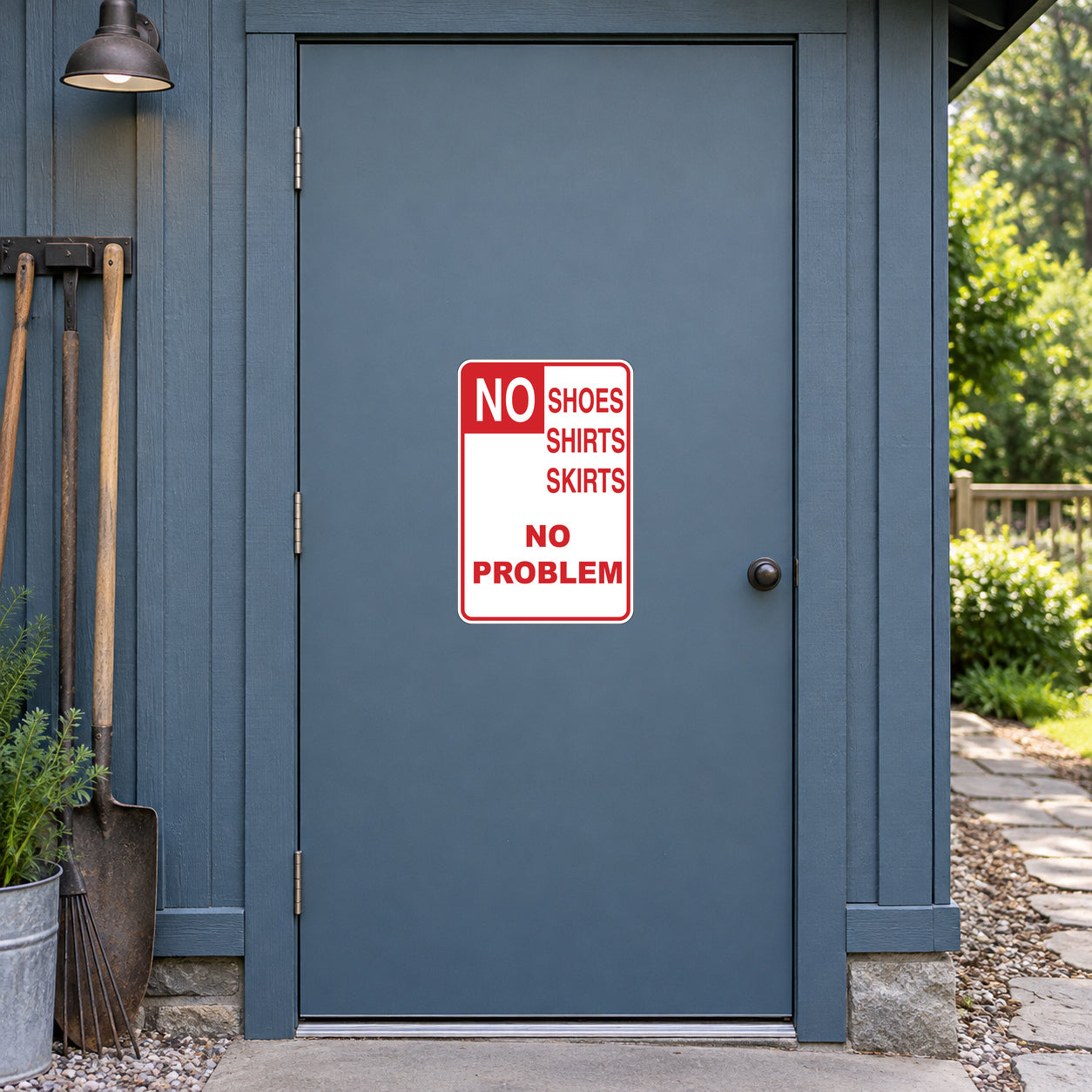 Rectangular sign sticker with red border and white background: 'NO SHOES SHIRTS SKIRTS NO PROBLEM'