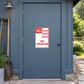 Rectangular sign sticker with red border and white background: 'NO SHOES SHIRTS SKIRTS NO PROBLEM'