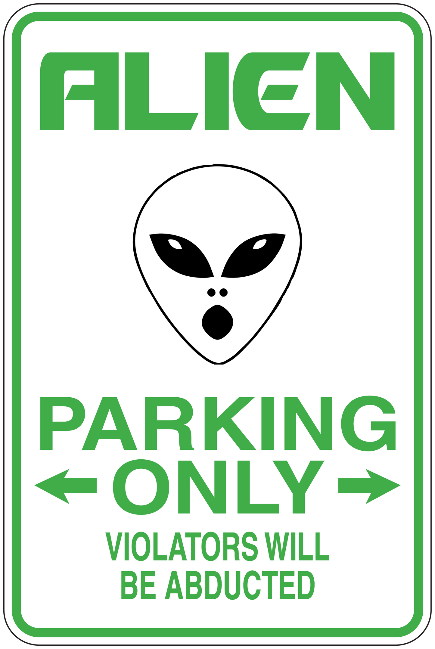 Parking only sticker with alien face icon and green text, Violators will be abducted