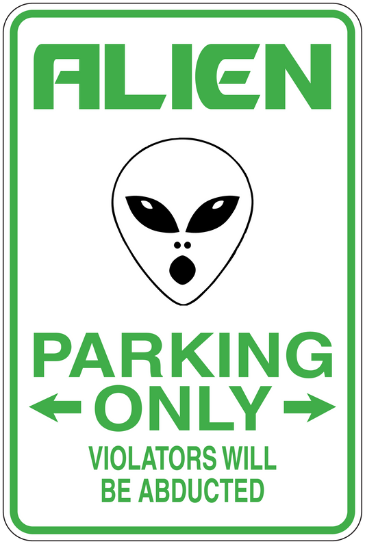 Parking only sticker with alien face icon and green text, Violators will be abducted