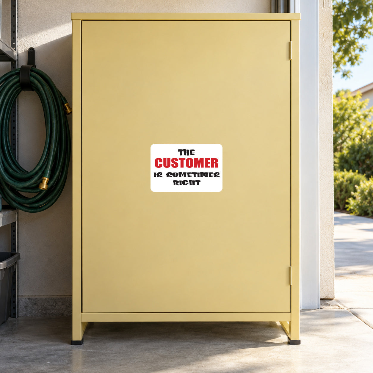 The Customer Is Sometimes Right Fun Sign Sticker applied to a pale yellow private garage cabinet