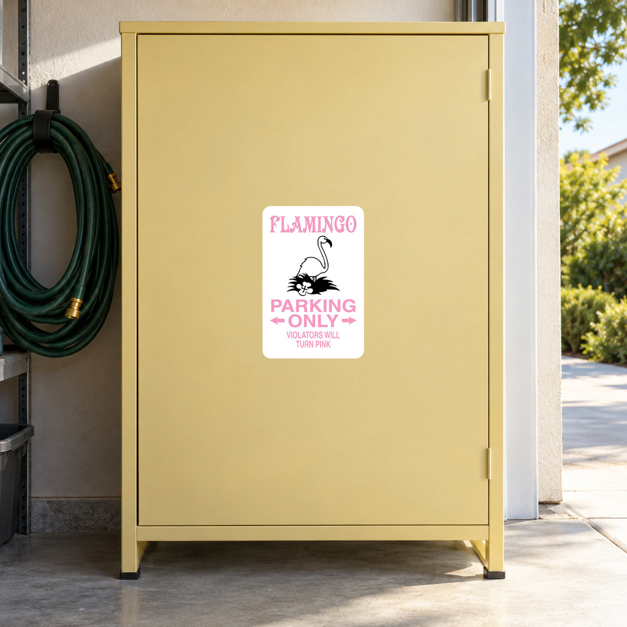 Parking only sticker with flamingo icon and red text on a sign