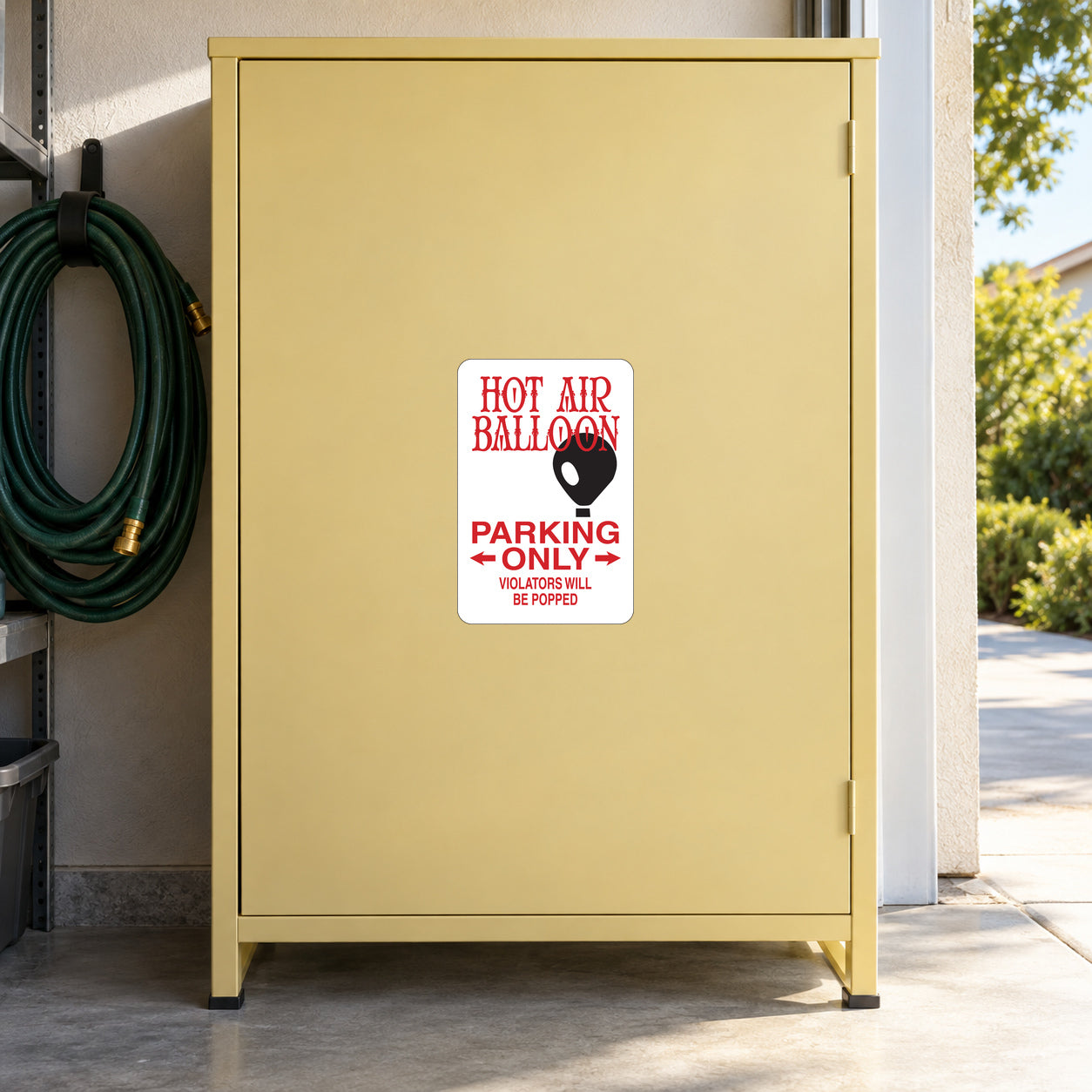 Hot air balloon parking only sign sticker on cream board, red text and arrows