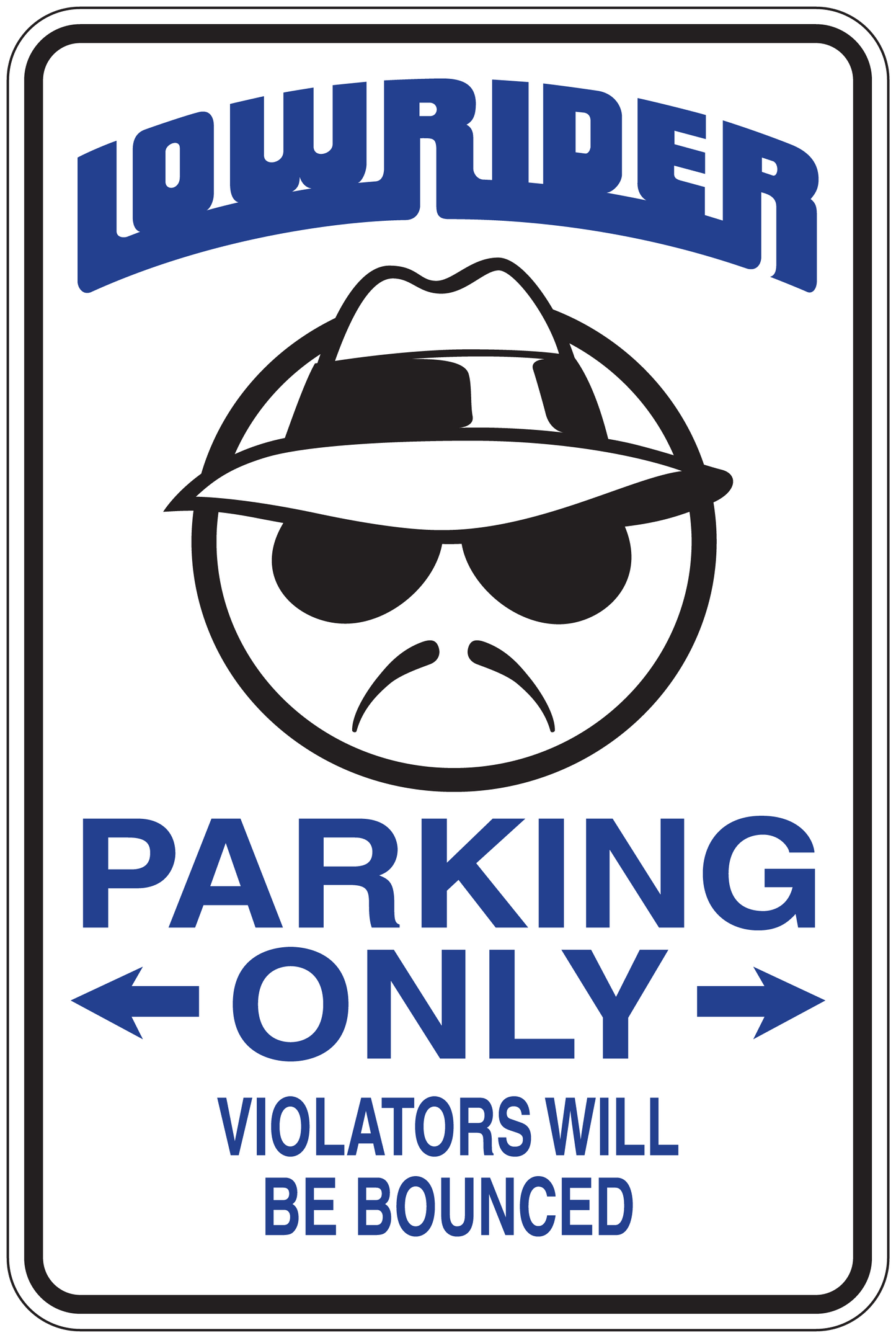 Parking only sign sticker with man in hat and sunglasses, blue arrows and text