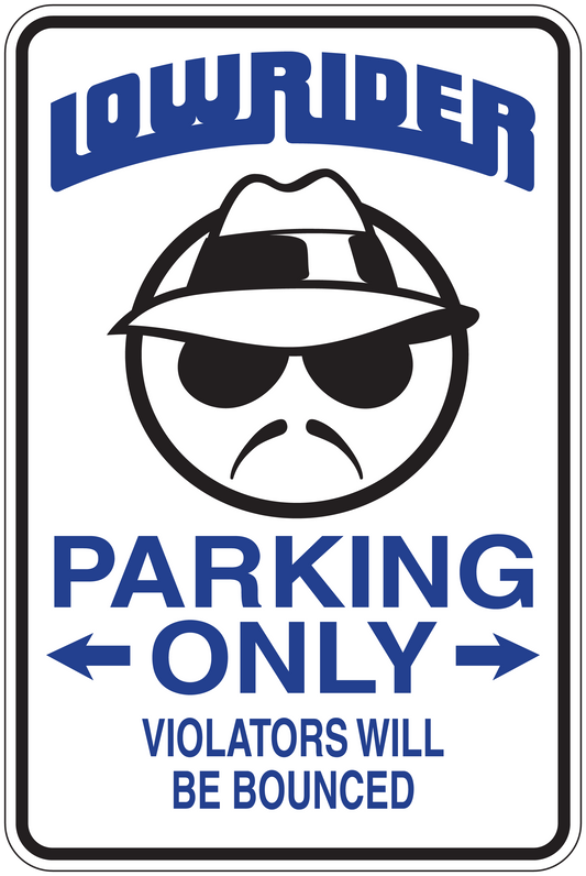 Parking only sign sticker with man in hat and sunglasses, blue arrows and text