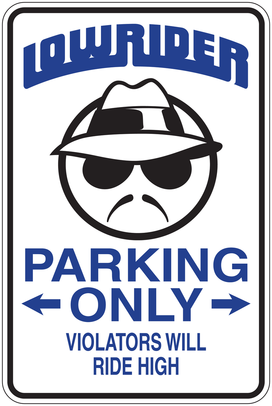 Rectangular parking-only sticker with lowrider rider pirate illustration and bold text