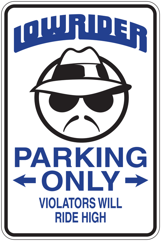 Rectangular parking-only sticker with lowrider rider pirate illustration and bold text