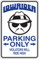 Rectangular parking-only sticker with lowrider rider pirate illustration and bold text