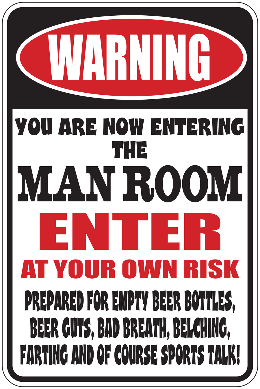 Man room warning sign sticker with red ENTER text and bold black lettering