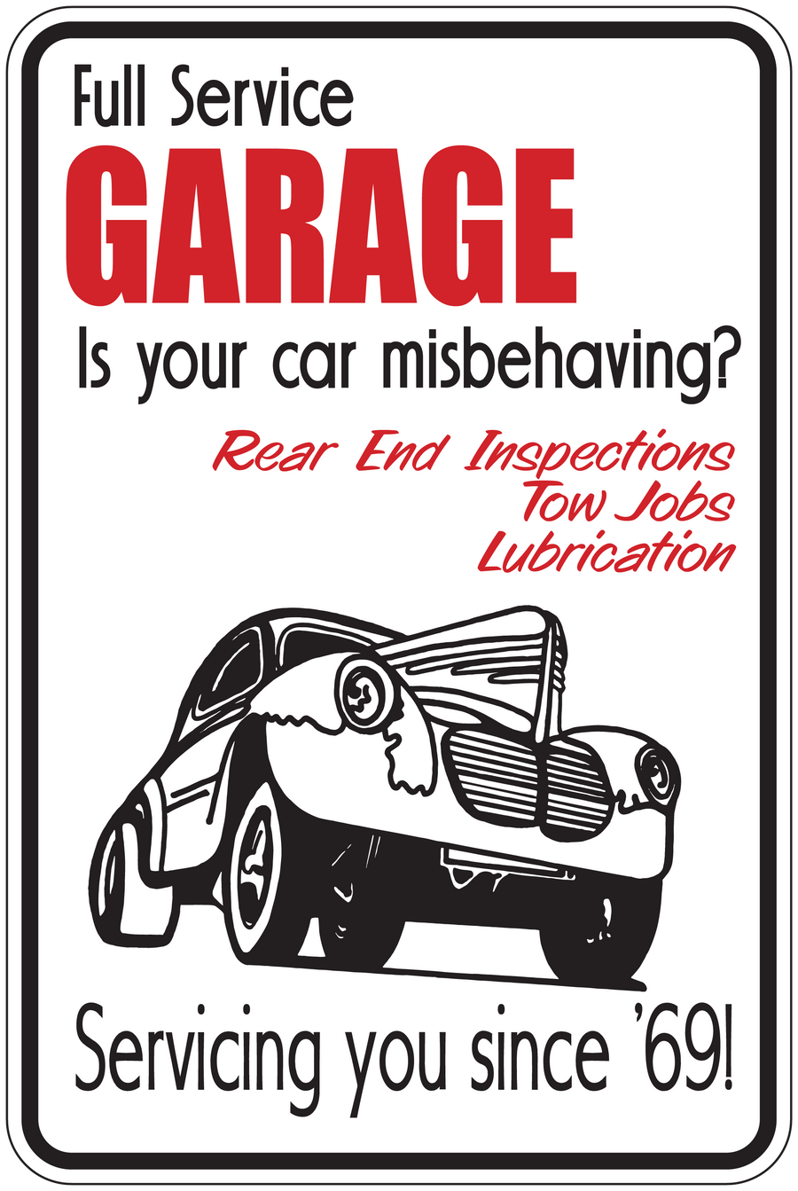 Garage service sticker with red text, car illustration, and repair message