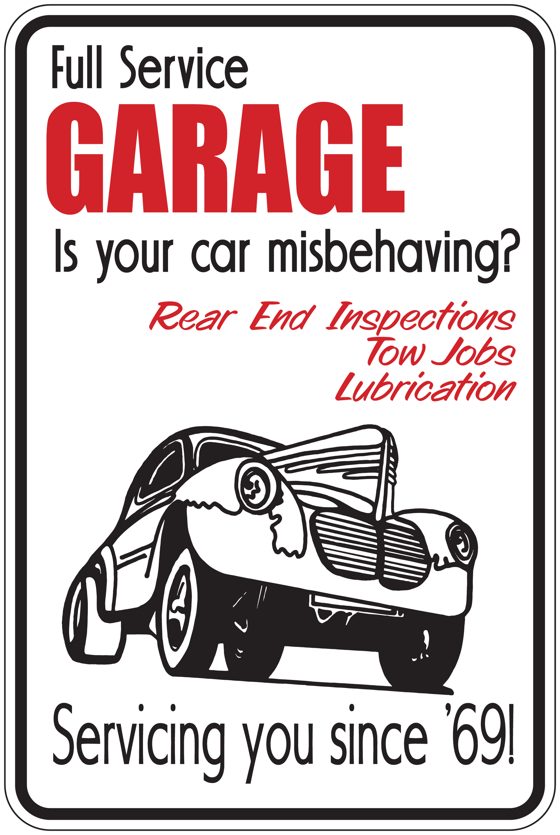 Garage service sticker with red text, car illustration, and repair message