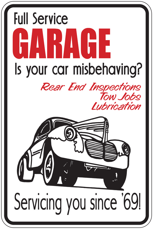 Garage service sticker with red text, car illustration, and repair message