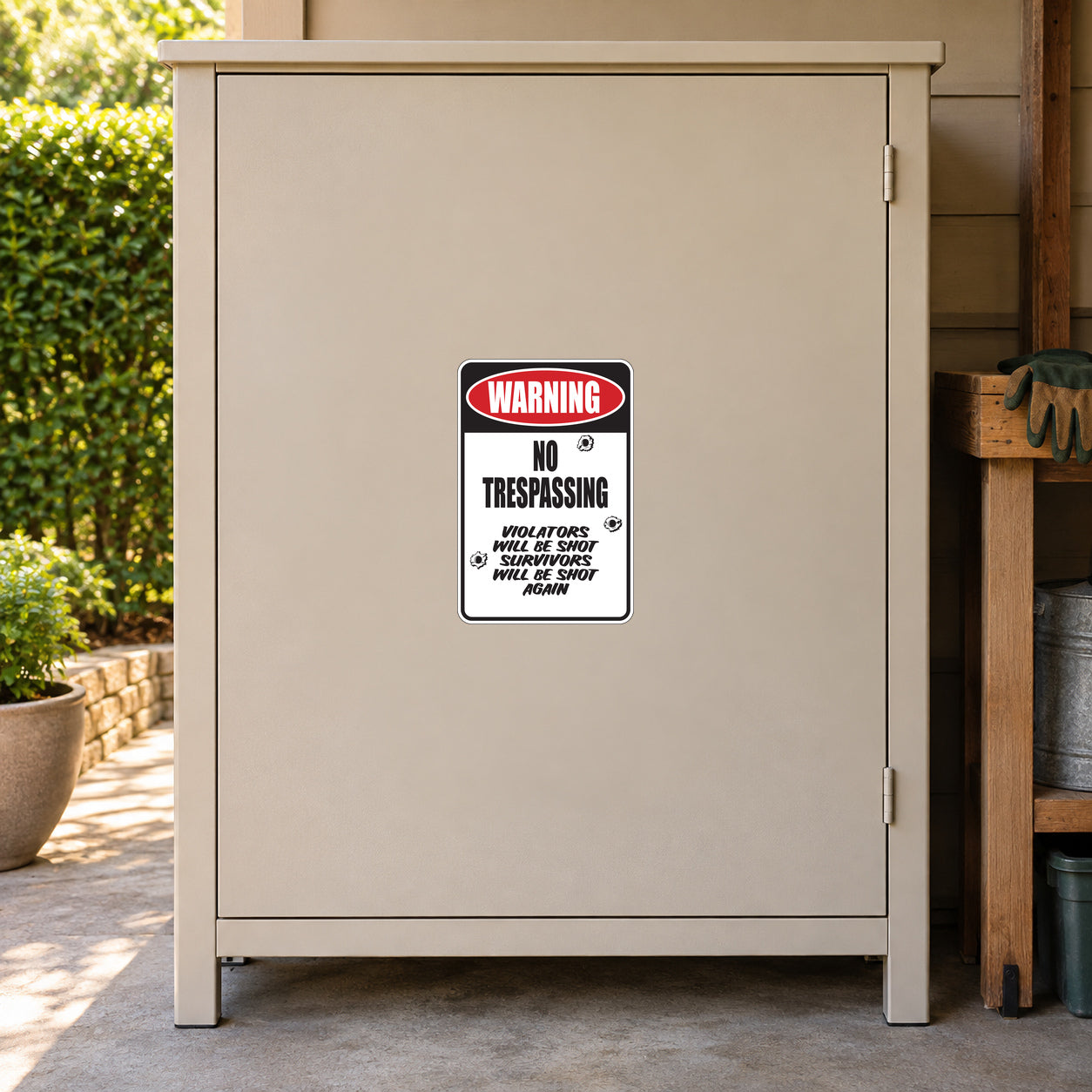 No Trespassing Fun Sign Sticker applied to a beige private driveway workshop cabinet