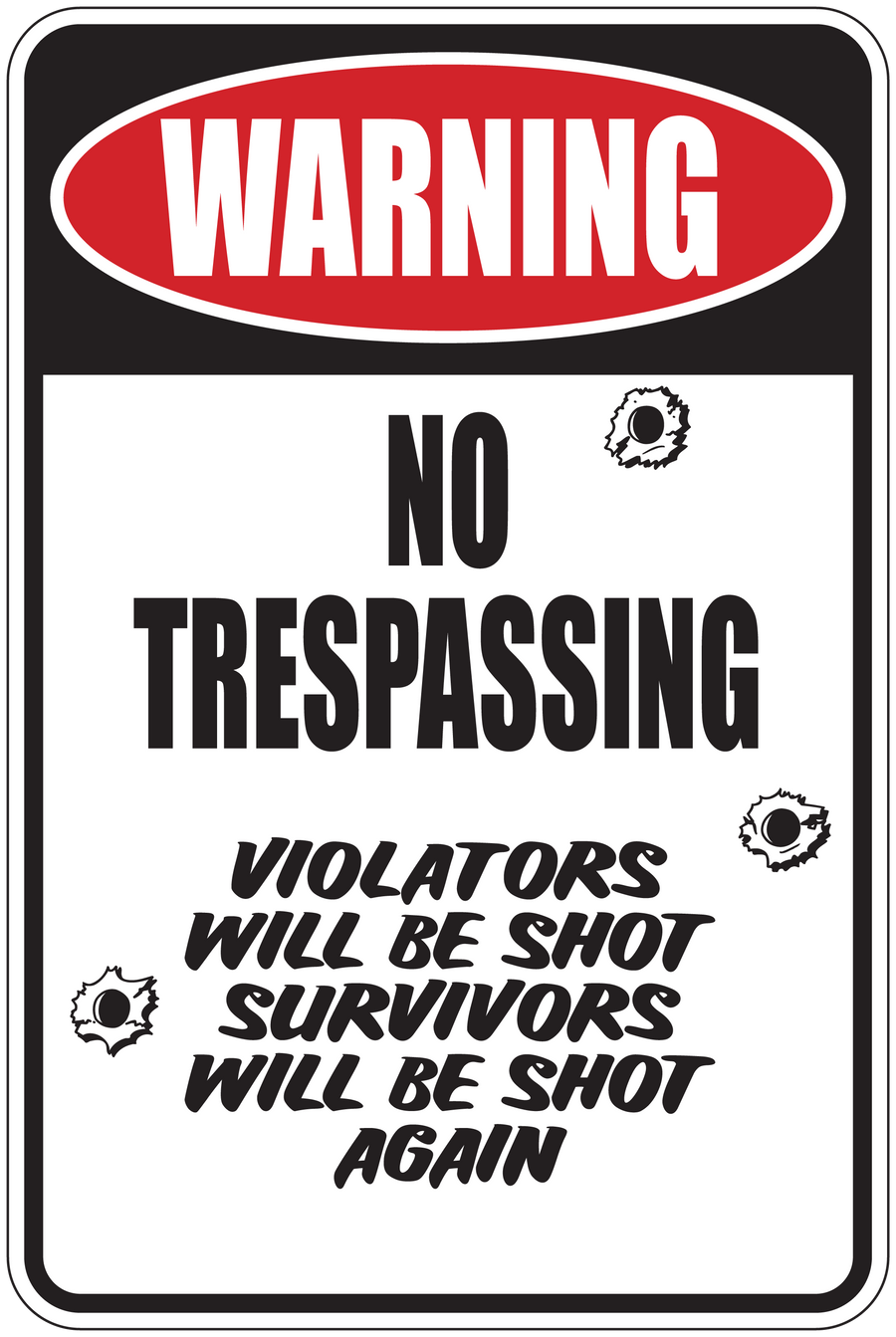 No trespassing warning sign sticker with red WARNING oval and text, black and white