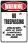 No trespassing warning sign sticker with red WARNING oval and text, black and white