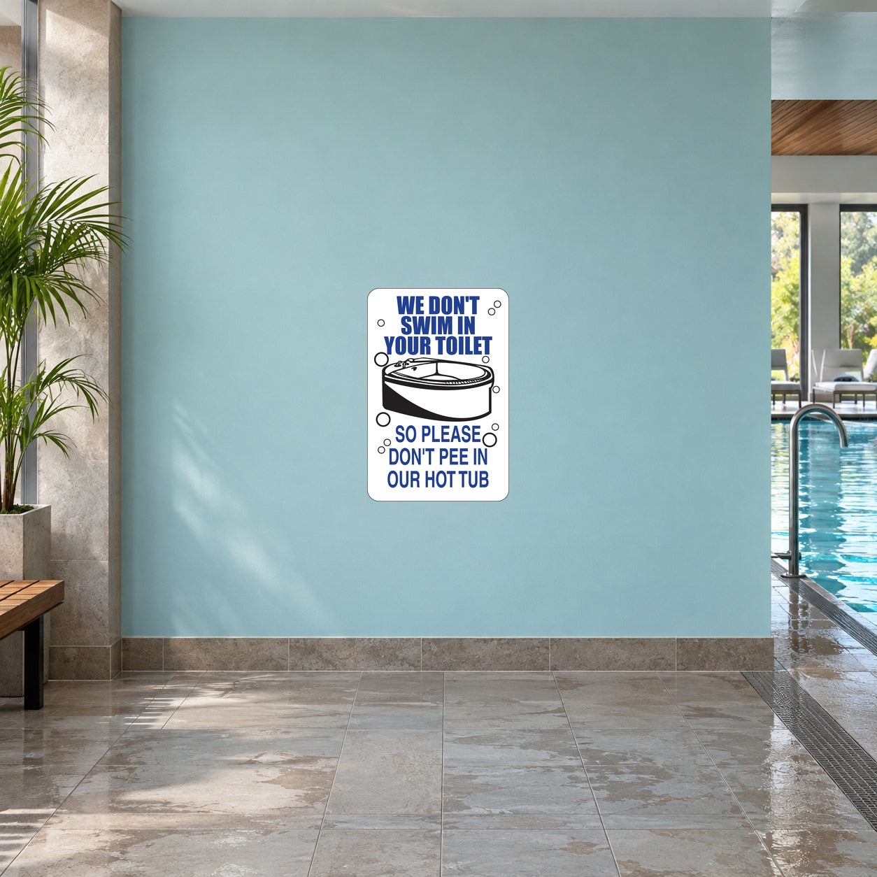 We Don't Swim In Your Toilet Fun Sign Sticker applied to a pale aqua indoor pool wall