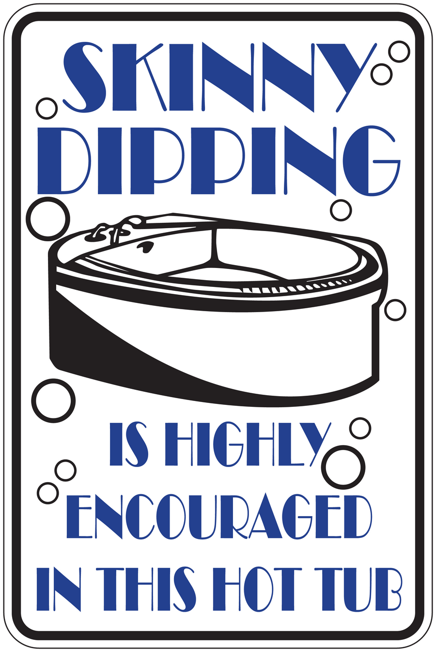 Square sign sticker with blue text "SKINNY DIPPING" and hot tub illustration