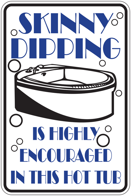 Square sign sticker with blue text "SKINNY DIPPING" and hot tub illustration
