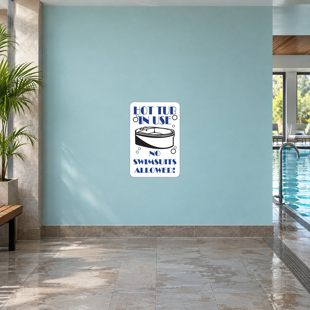 Hot tub in use sign sticker with swimming suits allowed text, blue and white