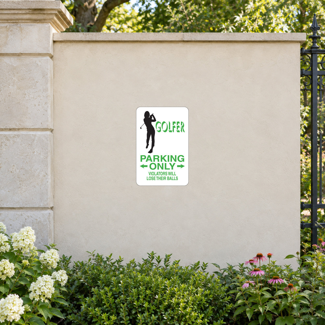 Golfer Parking Only Fun Sign Sticker applied to a cream garden entrance wall beside an iron fence