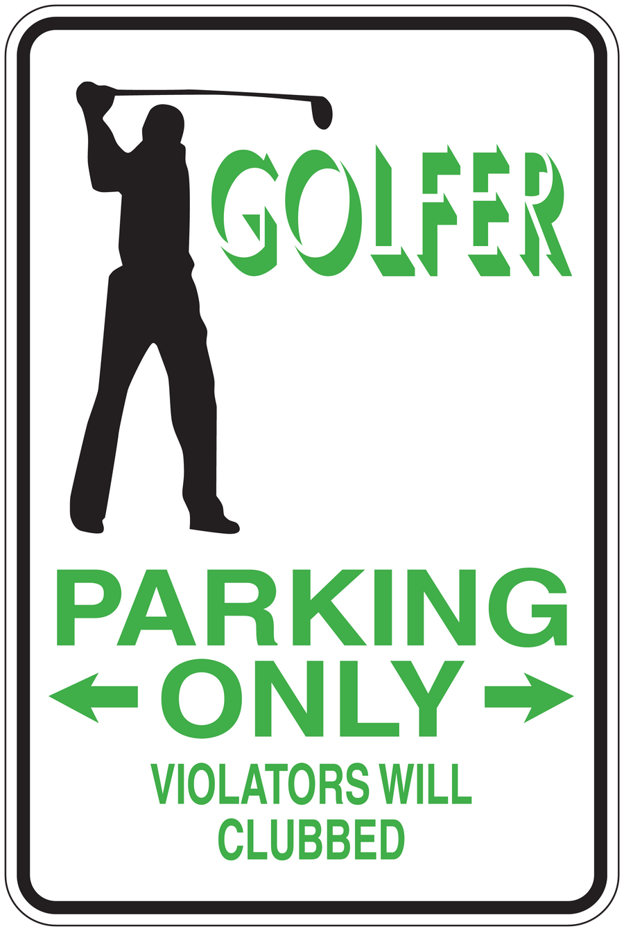 Rectangular parking only sign sticker with golfer silhouette and green text, arrows