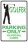 Rectangular parking only sign sticker with golfer silhouette and green text, arrows