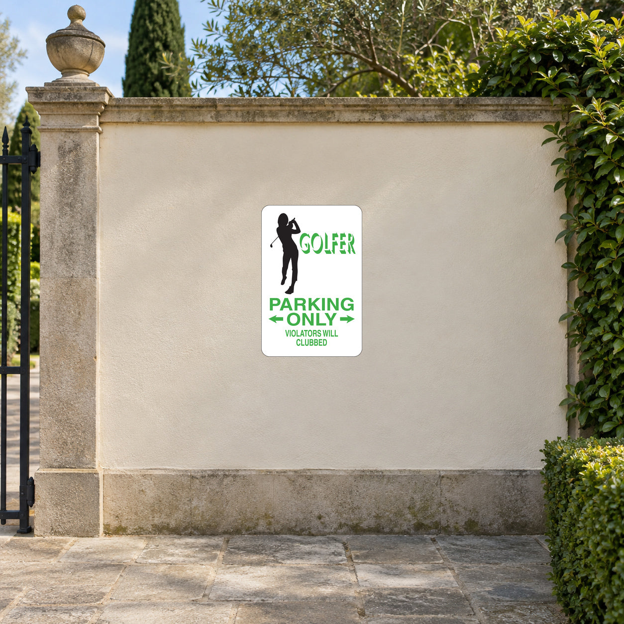 Golfer Parking Only Fun Sign Sticker applied to a cream garden entrance wall