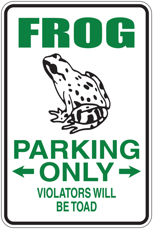 Frog parking only sticker with frog graphic, arrows, and 'Violators will betoad' text