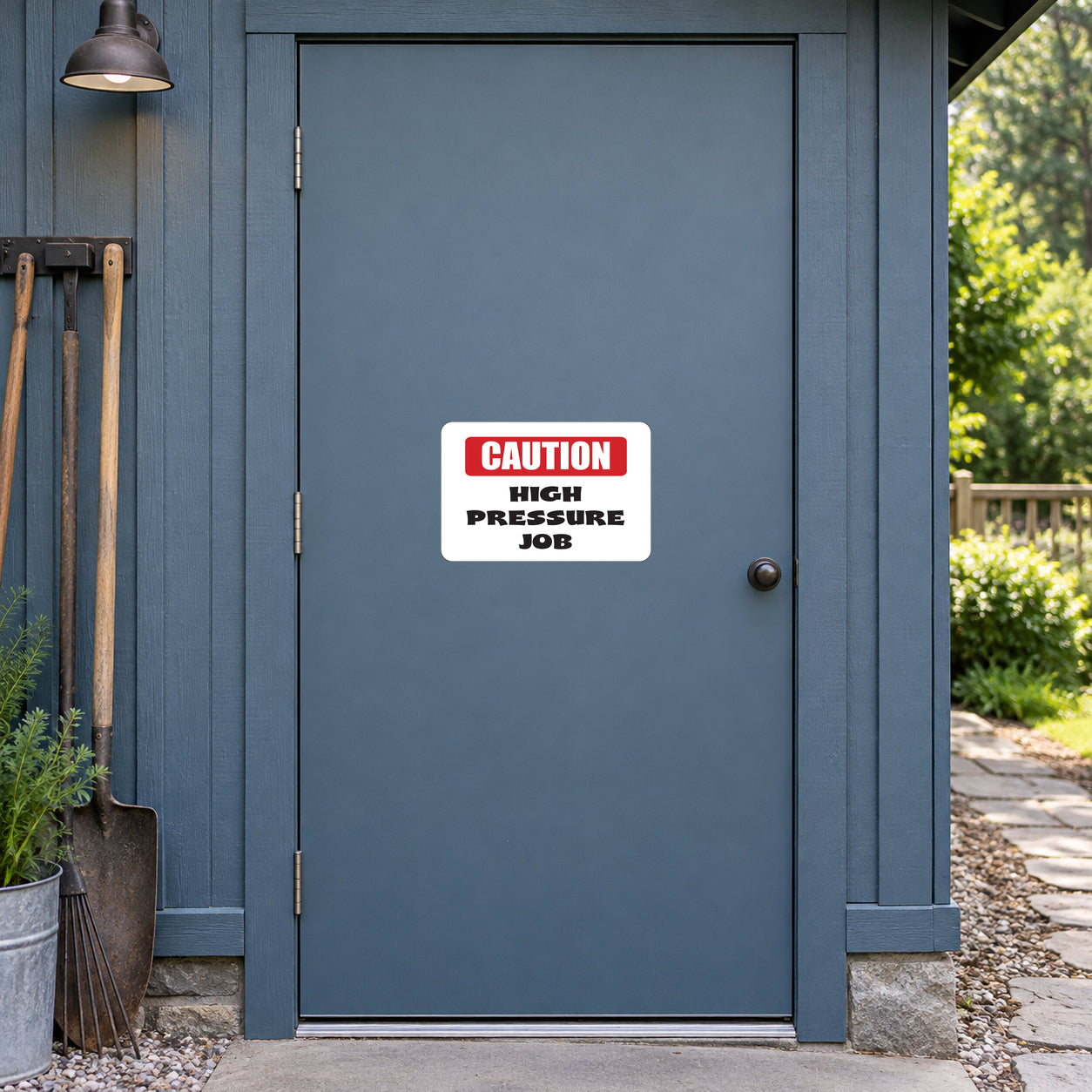 Caution High Pressure Job sticker, white label with red CAUTION and black warning text
