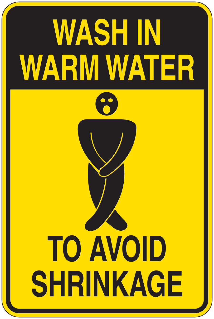 Yellow and black wash-in-warm-water sticker with shrinkage-avoid icon