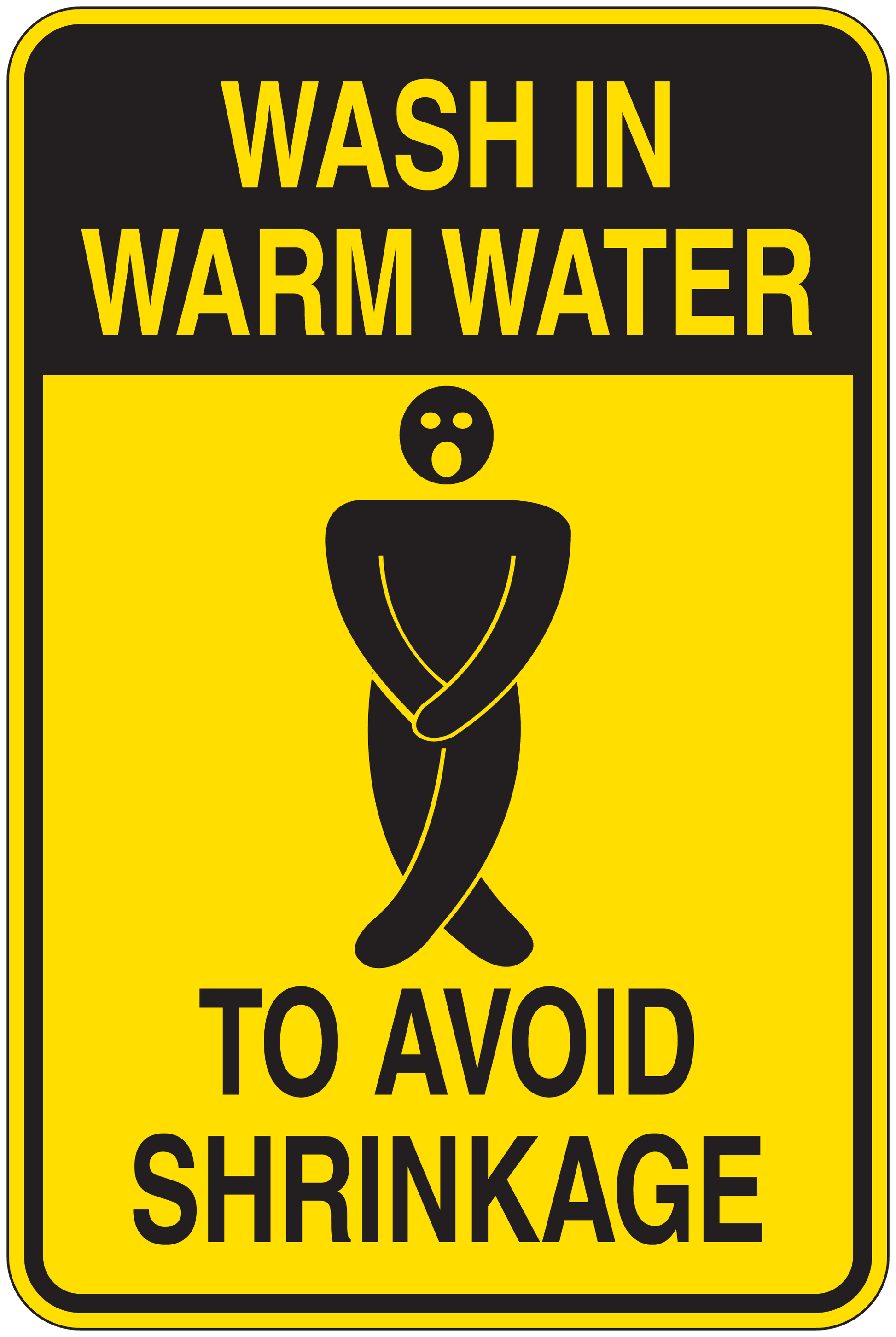 Yellow and black wash-in-warm-water sticker with shrinkage-avoid icon