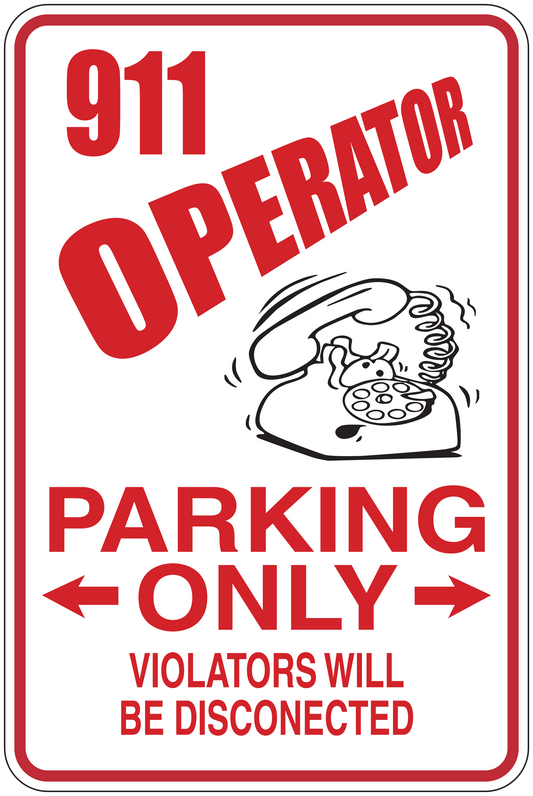 Red-and-white 911 Operator Parking Only sticker with helmet icon and disconnect warning