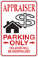 Appraiser parking only sticker with APPRAISER text, dollar and house icons, arrows