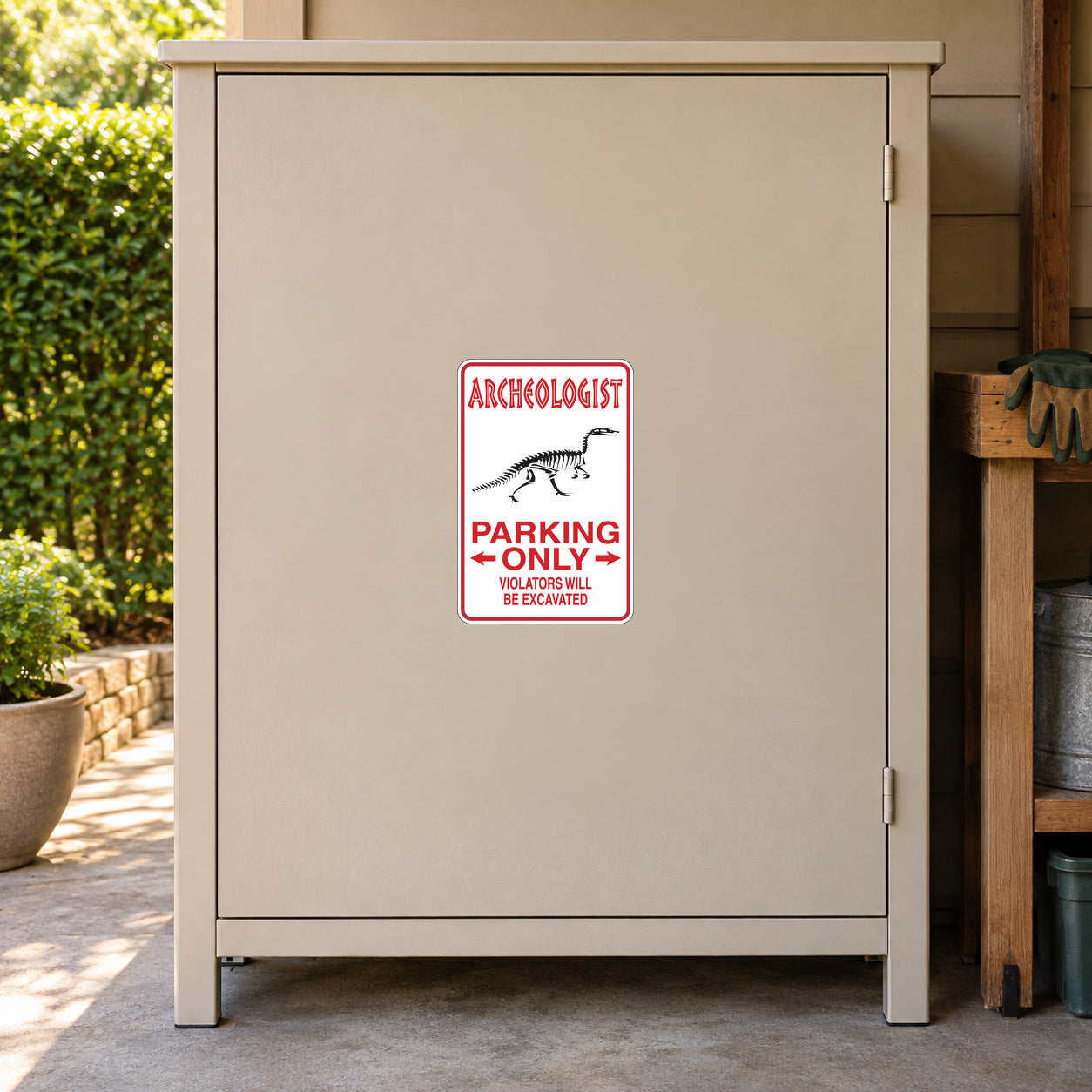 Archeologist Parking Only Sticker applied to a beige private driveway workshop cabinet