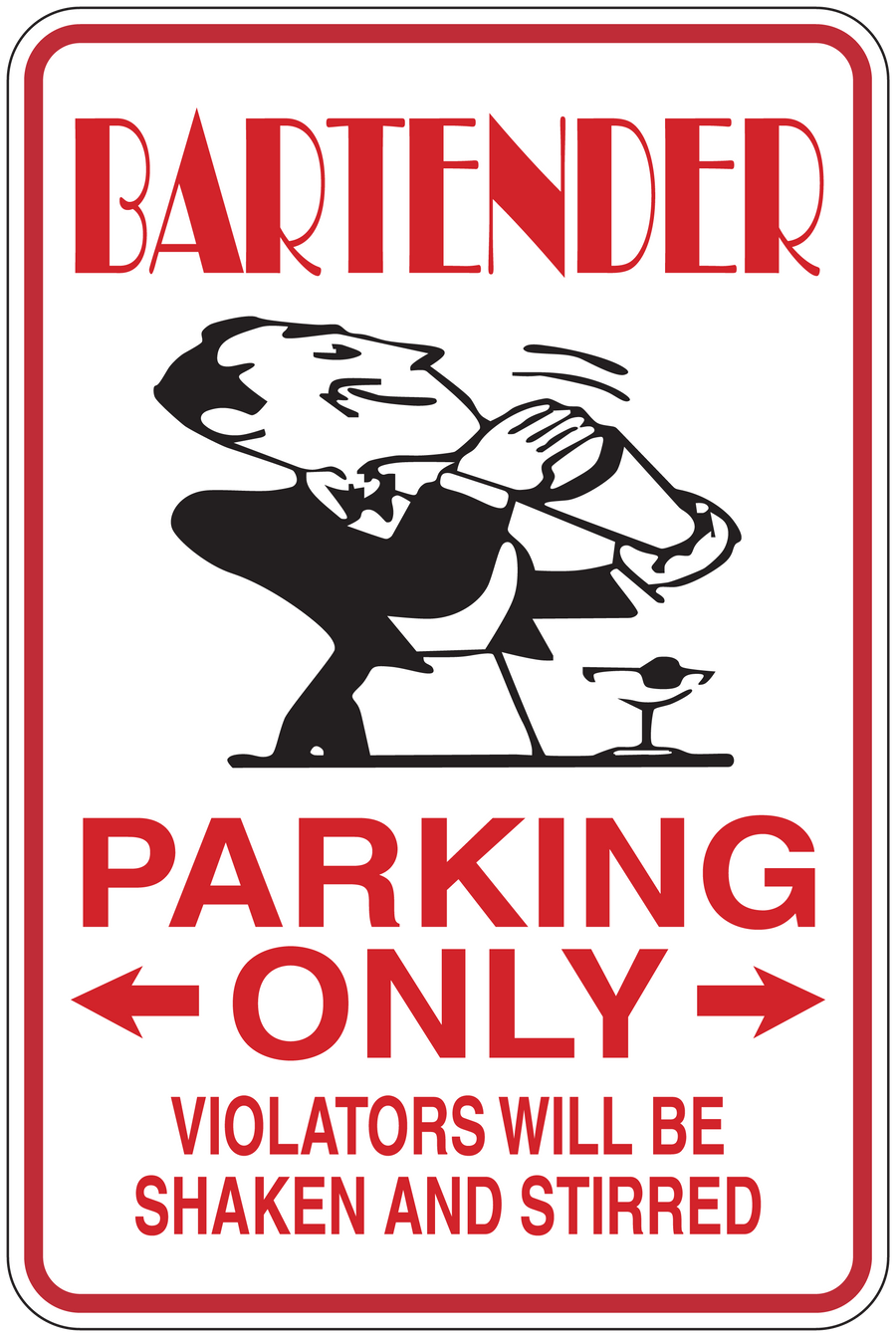 Bartender Parking Only sticker with bartender holding a drink and bold PARKING ONLY text