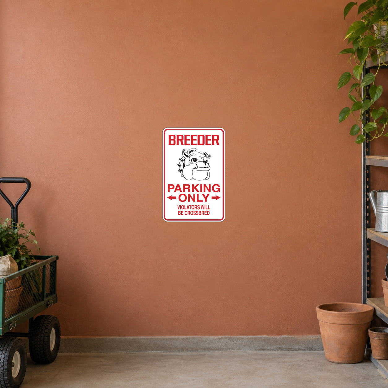 Breeder parking only sticker with bulldog graphic, red border, and warning text