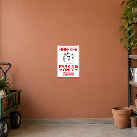 Breeder parking only sticker with bulldog graphic, red border, and warning text