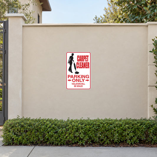 Red rectangular parking-only sticker with carpet cleaner icon and warning text