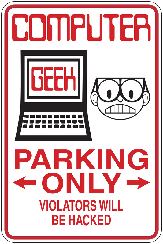 Computer parking only sticker with computer, geek face, and red “PARKING ONLY” text