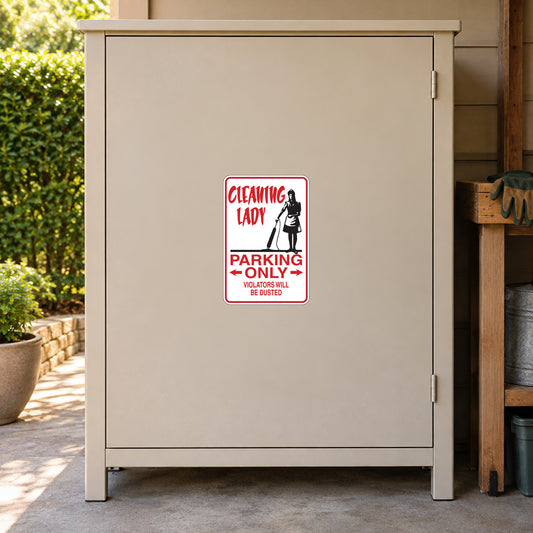Red and white parking only sticker with illustrated cleaner and text
