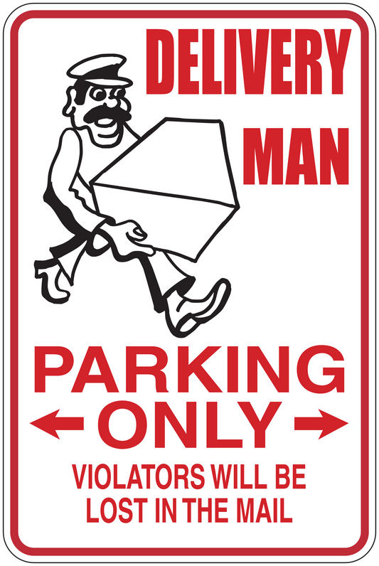 Delivery parking only sticker with delivery man holding a package, red and white text